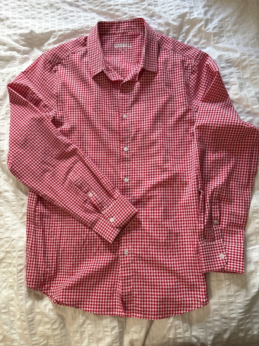 Barbell Mens Stretch Button Shirt Red White Gingham